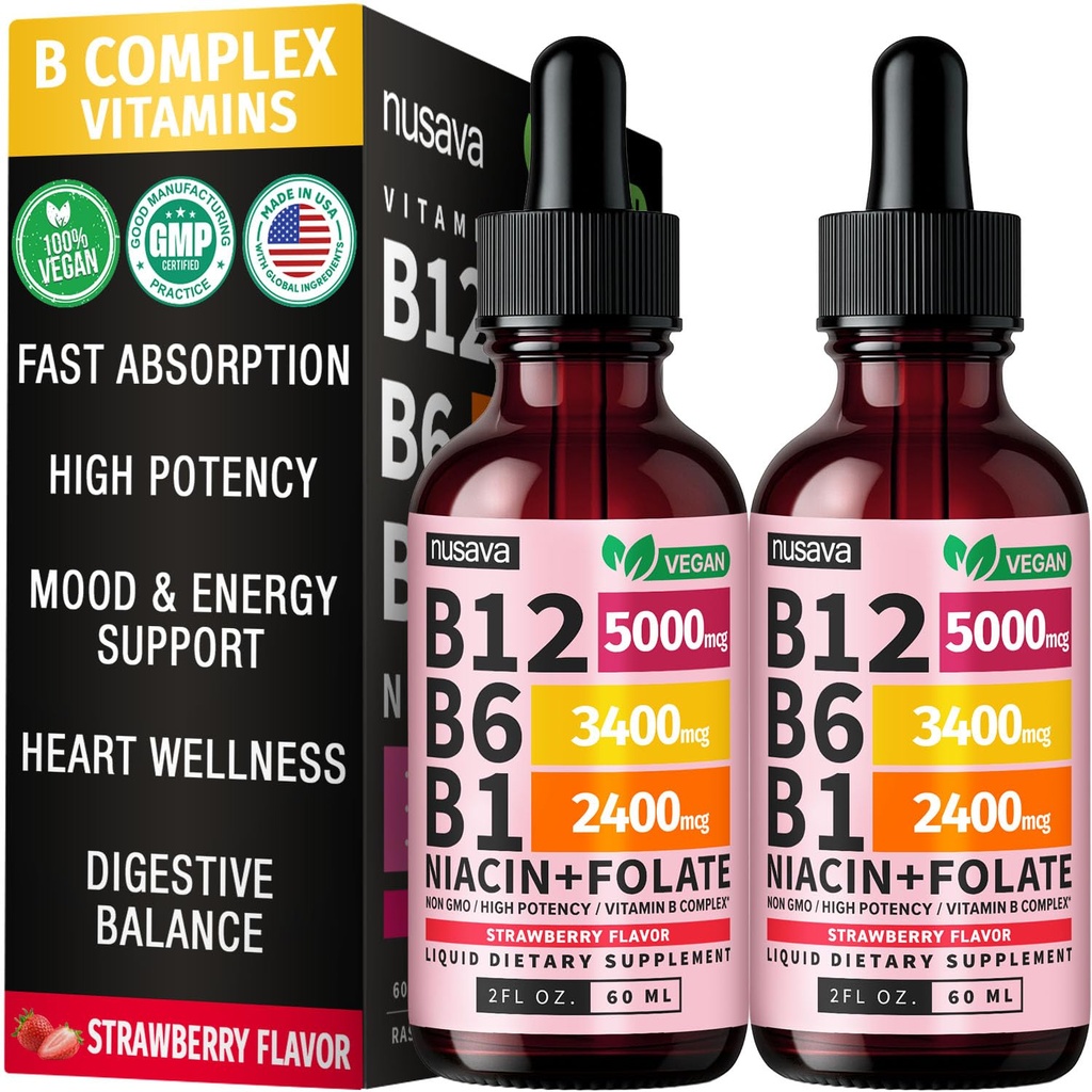 (2 pakkaus) B12-vitamiinia ja B6-vitamiinia nestemäisiä tihkuja, B12-vitamiinin B-vitamiinikompleksi - B12-vitamiinia 5000 mcg - B12 Methylcobalamiinia energia-, aivo- ja sydäntukea 27200 mcg, mansikka, 80 tarjoilua