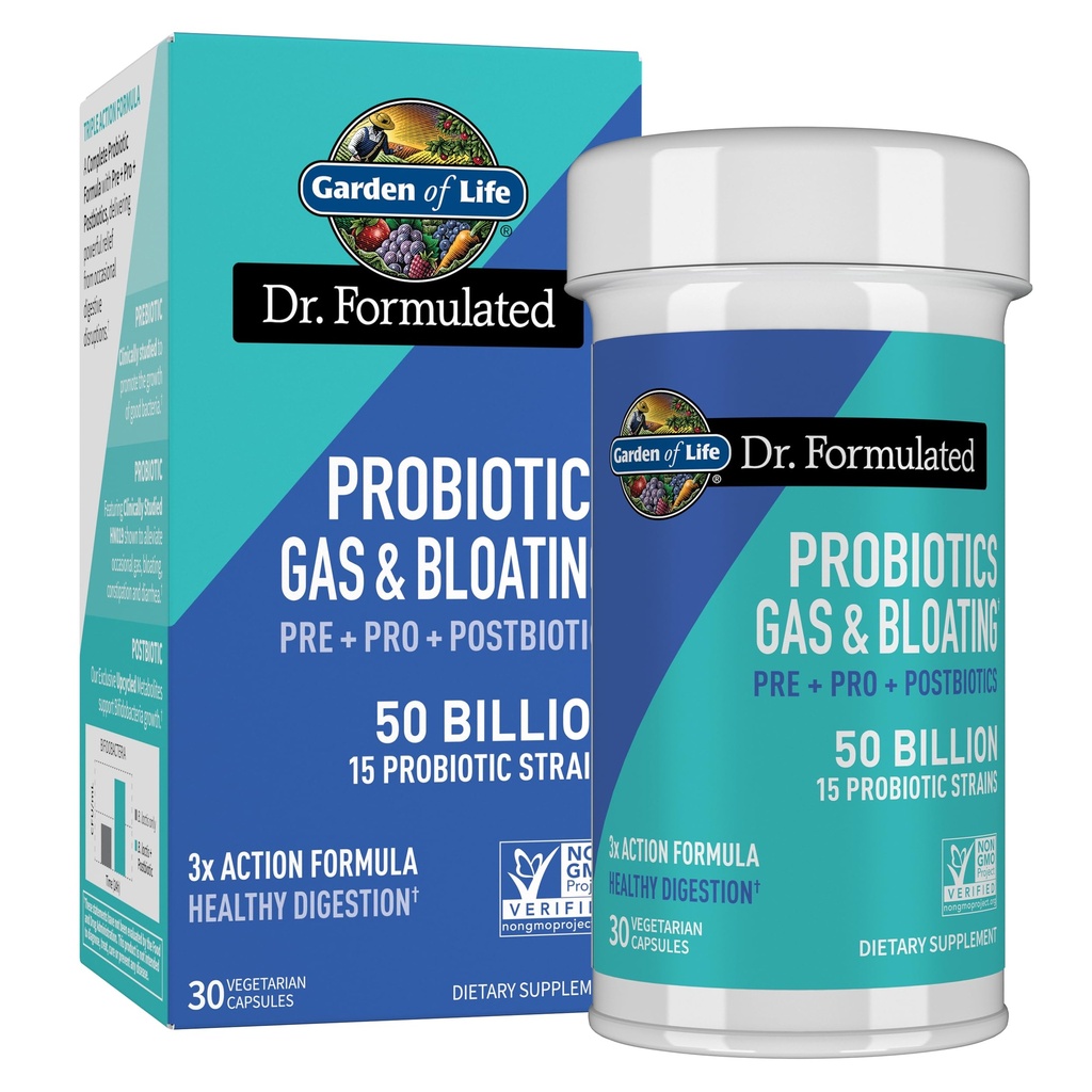 Elämän puutarha Dr. Formulated Pre, Post & Probiootit Kaasu & turvotus Kerran päivässä 3-in-1 Täydellinen prebiootit, Postbiootit & Probiootit 50 miljardia PMY, ei-GMO, gluteeniton, 30 päivän tarjonta