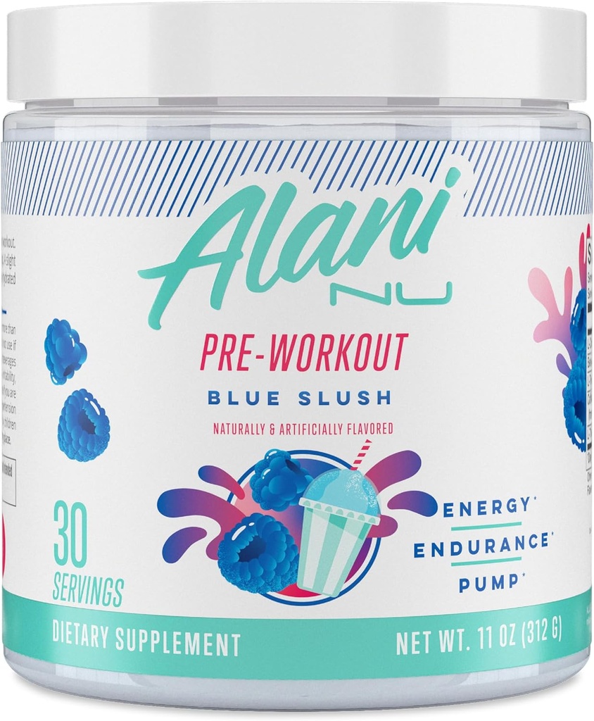 Alani Nu Pre Trenout Powder Blue Slush, Amino Energy Boost, Endurance Supplement, Sokeriton, 200mg kofeiini, L-Theanine, Beta-Alanine, L-Citrulline, 30 tarjoilua
