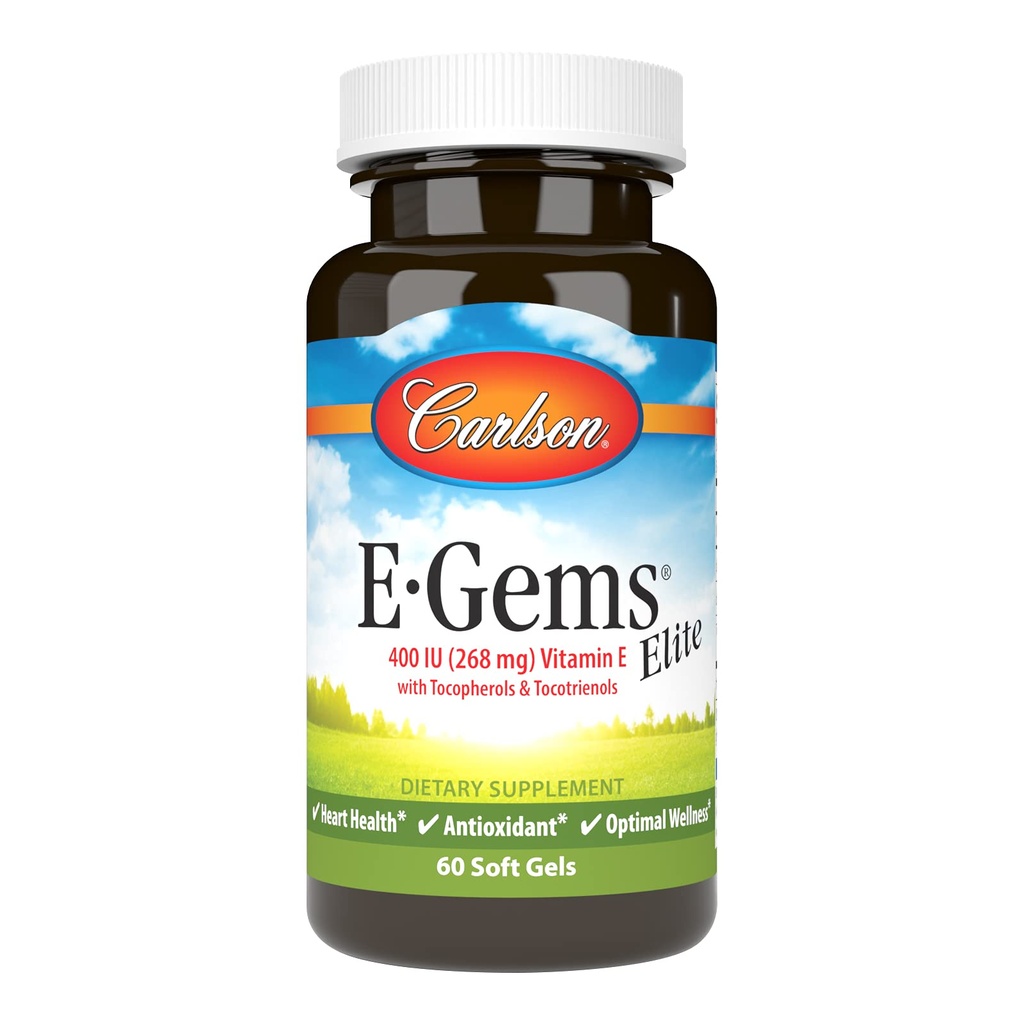 Carlson - E- Gems Elite, 400 IU E-vitamiinia tokoferolien ja tokotrienolien kanssa, Heart Health & Optimal Wellness, Antioksidantti, 60 pehmeää geeliä