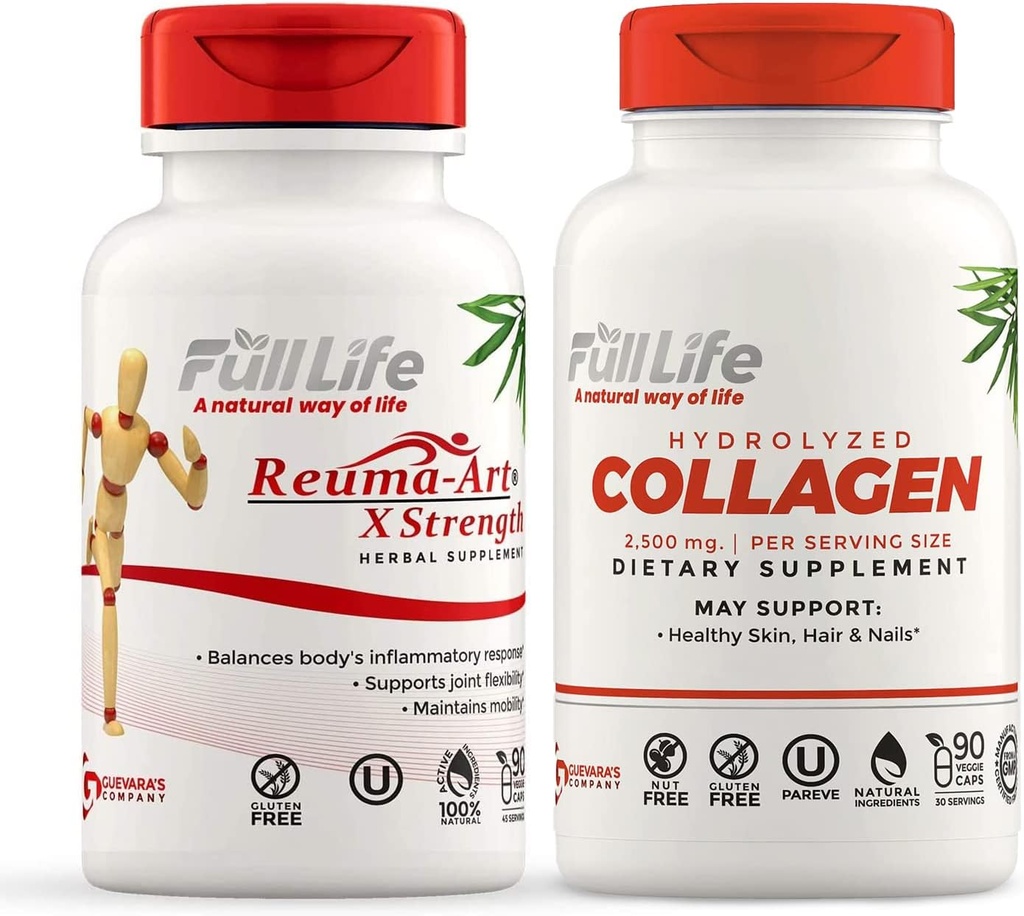 Full Life Reuma-Art X vahvuus ja hydrolysoitu kollageeni - Joint Support - Naudan kollageeni pillerit - Kosher, Gluteenittomat - 90 kasviskapselit