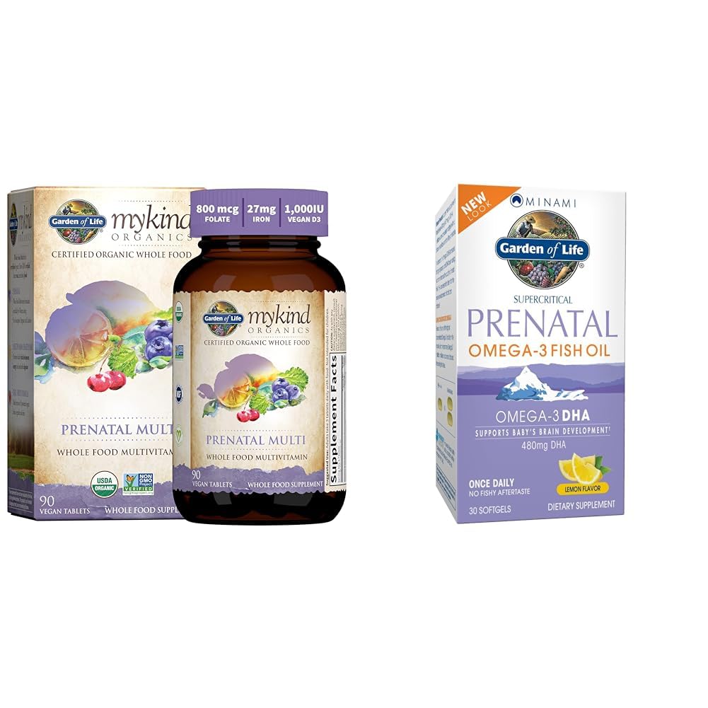Garden of Life Women's Prenatal Multivitamin med vitamin D3, B6, B12, C & Iron & Minami Natural Prenatal DHA Omega 3 Fish Oil Supplement Softgels, Lemon, 30 Count
