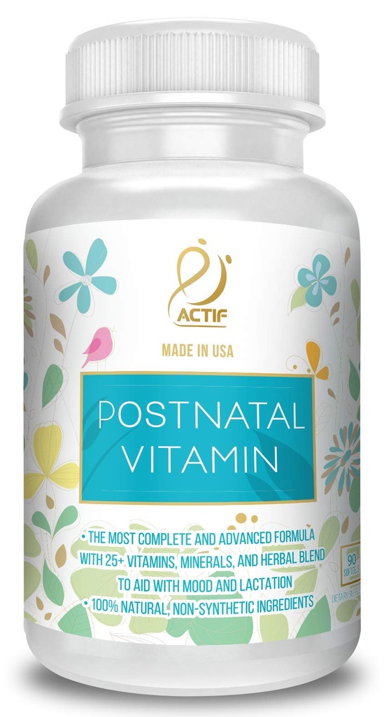 ACTIF Postnatal Vitamin med 25+ organiska vitaminer och organiska örter, omvårdnad och Laktationstillägg, stöder barnets hjärnutveckling, icke-GMO, tillverkad i USA, 90 greve