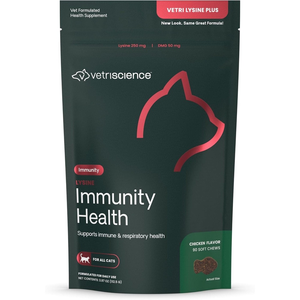 VetriScience Lysine Immunity Health Chews, 250 mg Lysine Plus Immune Supplement för katter och kattungar med allergier, Sneezing, Runny Nose och Watery Eyes, Chicken, 90 Count