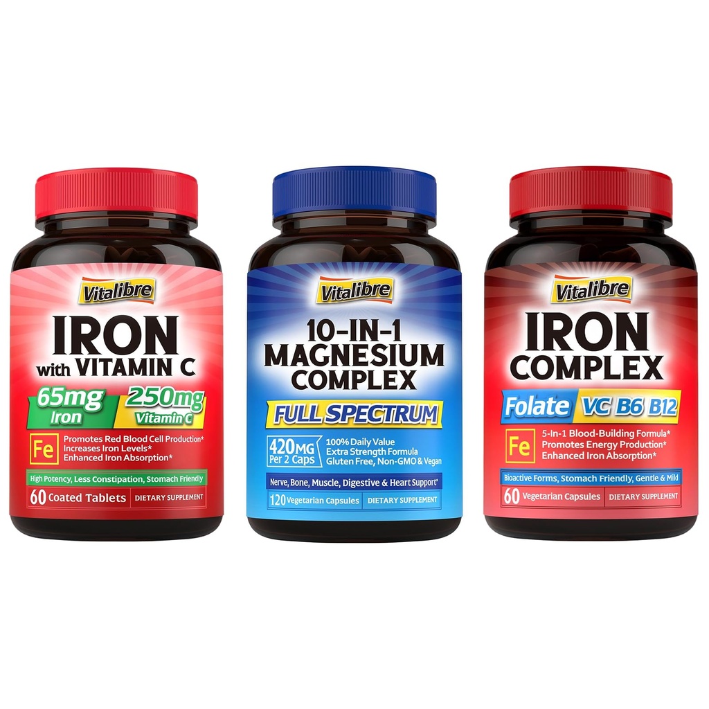 10 i 1 Magnesium Complex & Iron Supplement, 65mg Carbonyl Iron med 250mg Vitamin C & 5 i 1 Iron Complex