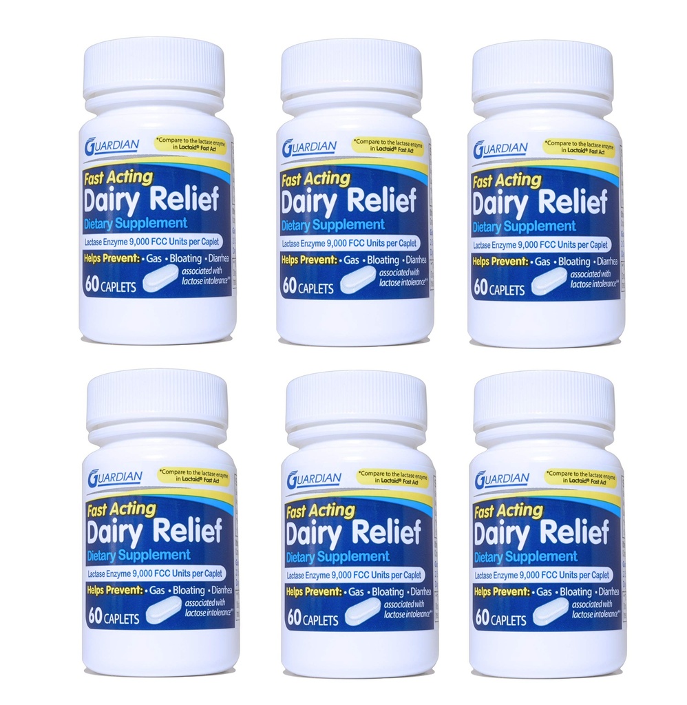 Guardian Dairy Relief Fast Acting Caplets, 9000 FCC, Laktoosi-intoleranssipillerit, Laktaasi-enzyme (360CT (Bottles))