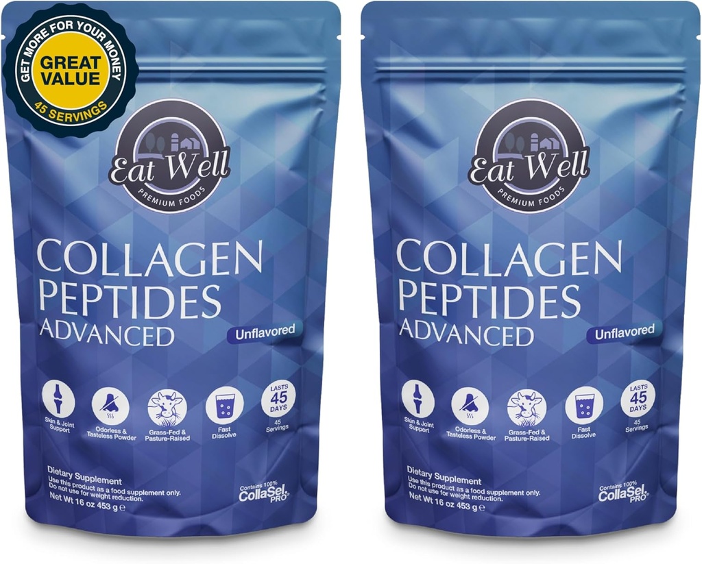 EAT WELL PREMIUM ELINTARVIKKEET Collagen Peptides Powder Protein 45 Tarjoukset, 16oz, Kollageeni ihon, luun ja nivelten tuki, tyyppi I & III Grass Fed Collagen (45 tarjoilua (Pakkaus 2), makuamaton)
