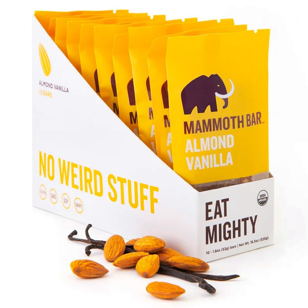 Mammoth Bar Almond Vanilla Bar - 10 Organic Protein Bars - Prebiootti • Paleo • Gluteeniton • Munaproteiini • GMO-vapaa • Raaka • Premium Pluts