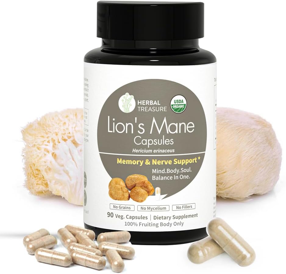 Herbal Treasure Lions Mane Supplement Kapselit, valmistettu Lions Mane Powder Mental Clarity ja Focus täydentää, 800mg Lions Mane Powder Organic Luomu Mushroom Supplement 90 Caps