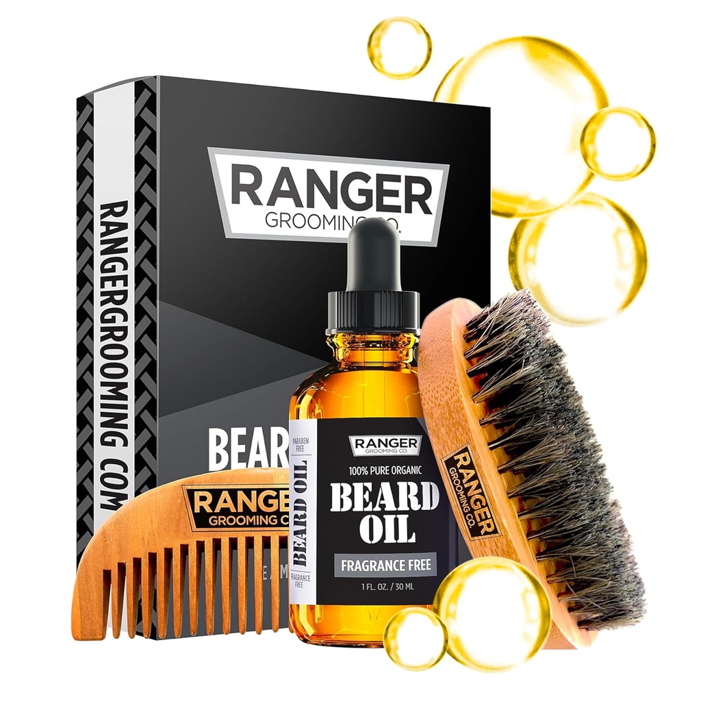 Parta Kit by Ranger Grooming Company by Leven Rose, 100% Organic Natural Tuoksuva Ilmainen Tuoksumaton Partaöljy, Karhu Bristle Parta Harja, Natural Wood Comb Parta Care Starter Set for Men