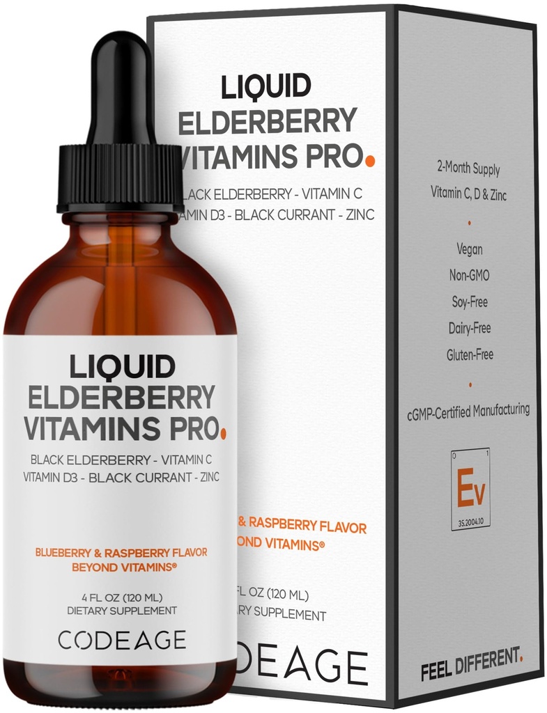 Codeage Elderberry vitamiineja Pro - Organic Black Elderberry Liquid Drops - C-vitamiini, D3, Sinkki, Musta Herant - 2-kuukautinen tarjonta - Black Sambucus Liquid - täydennysosa aikuisille ja lapsille - 4 fl oz
