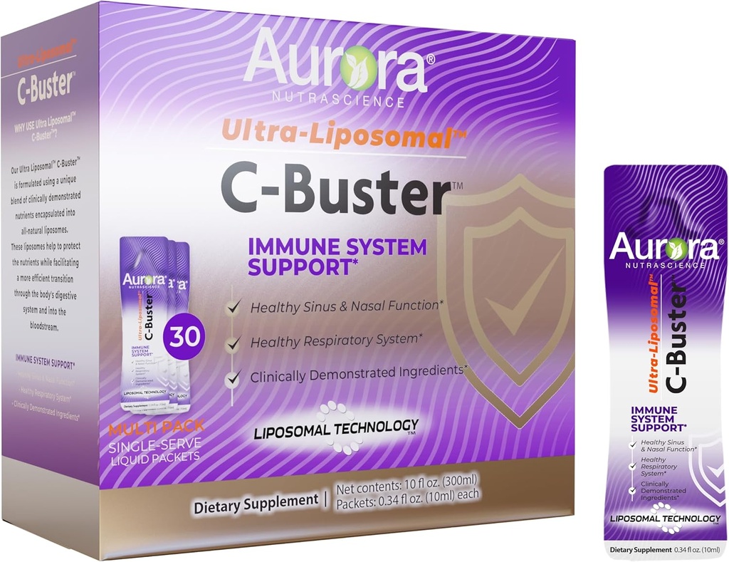 Aurora Nutrascience Ultra Liposomal C-Buster Immunomy System Support, C-vitamiini, D-vitamiini, Sinkki, Elderberry, Pelargonium, K-vitamiini & Ginseng, 30 Packets, 10 ML
