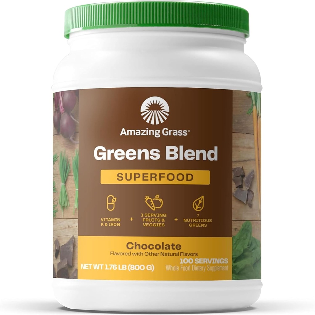 Amazing Grass Greens Superfood Powder: Greens Powder med Digestive Enzymes & Probiotika, Organic Spirulina, Chlorella och Beet Root Powder, Chocolate, 100 Servings