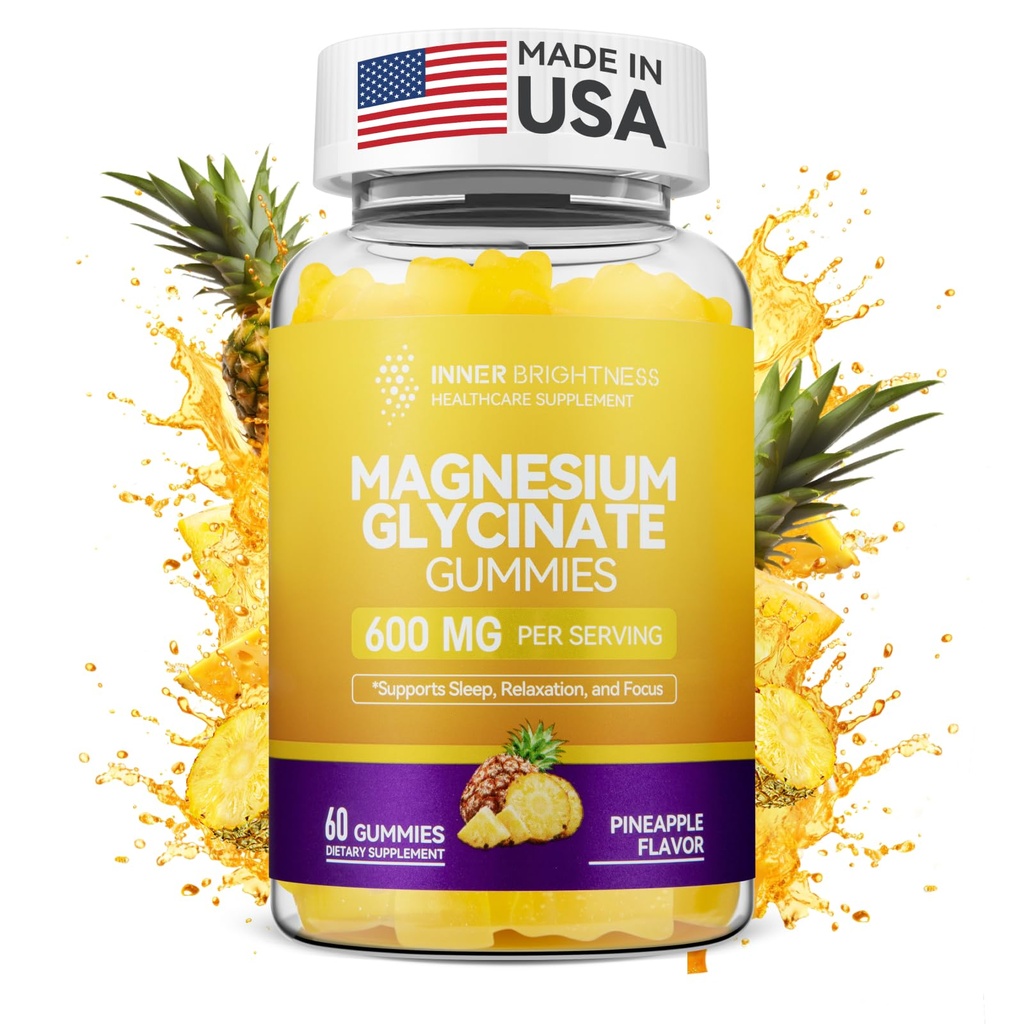 Magnesium Glycinate Gummies 600mg, Non-GMO, Gluten-Free, Magnesium Gummies för vuxna och barn, sömn, avkoppling och fokus, ananas smak, 60 greve