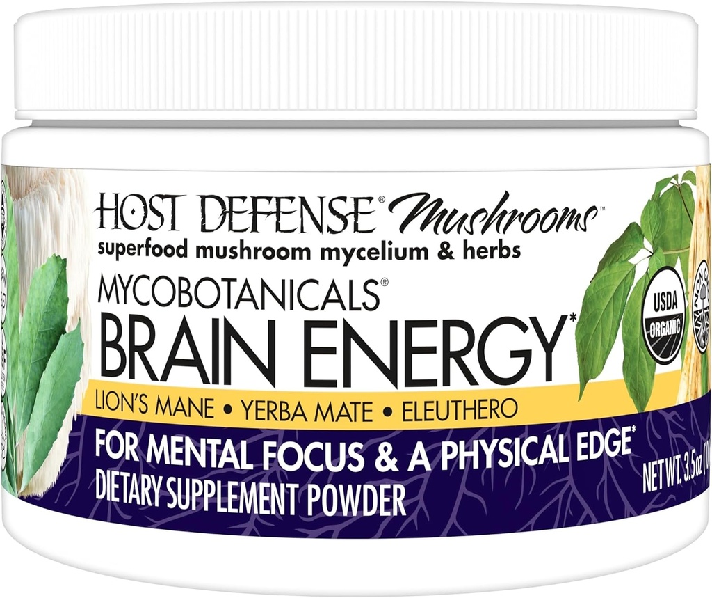 Isäntäpuolustus MycoBotanicals Brain Energy* Powder - Brain & Focus Support Supplement with Lion's Mane Mushroom - Ravintolisä Yerba Mate for Energy Support - 3,5 oz (33 Servings) *