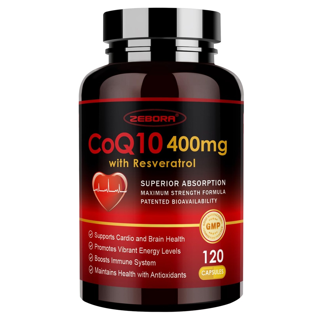ZEBORA CoQ10-400 mg trans-resveratrolilla, PQQ & E-vitamiinilla - suuri imeytyminen Coenzyme-Q10:llä BioPerinellä - voimakas antioksidantti sydämen ja energian tuotantoon,120 kasviskapselia