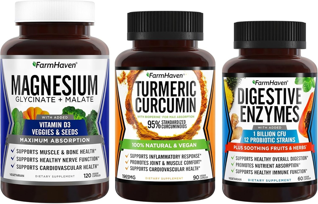 FarmHaven Magnesium Glycinate & Malate Complex w/Vitamin D3 & Turmeric Curcumin BioPerine Black Pepper & Dgestive Enzymes with 18 Probiootit & Yrtit