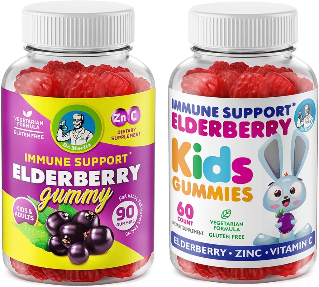 DR MORITZ Elderberry Gummies for Kids and Family- Immune System Booster and Health Support med Black Sambucus Elderberries Extract - Vitamin och Zink Herbal Immunity Boost Supplement för barn