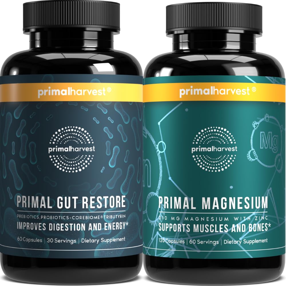 Primal Harvest Primal Gut Restore ja Primal Magnesium Supplement 2 Pack Bundle (180 kapselia)