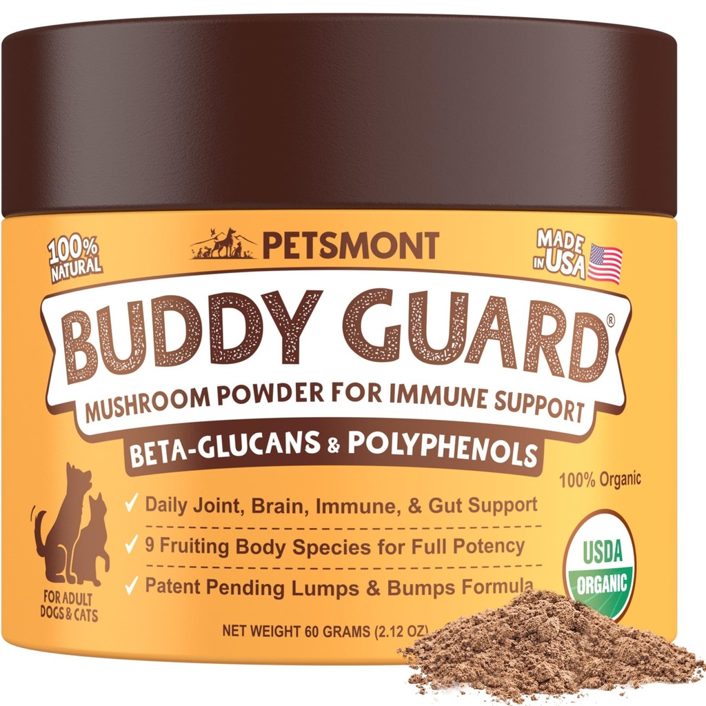 Petsmont Buddy Guard for Lumps and Bumps, Lipoma for Dogs & Cats, Patentti vireillä Organic 8 Sienijauhe Blend Natural Dog Probiootti & Immuuni Tuki Chaga, Reishi, Lion's Mane, Turkey Tail Mushrom