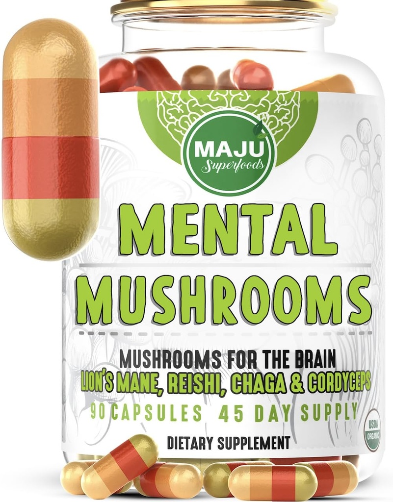 Mental Sienikapselit, Organic Extract Supplement w/Lion's Mane, Cordyceps, Reishi ja Chaga, Boost Your Focus, Energy, Wellness ja Immuunijärjestelmä - Nootrooppiset sienet, Immuunituki 90ct