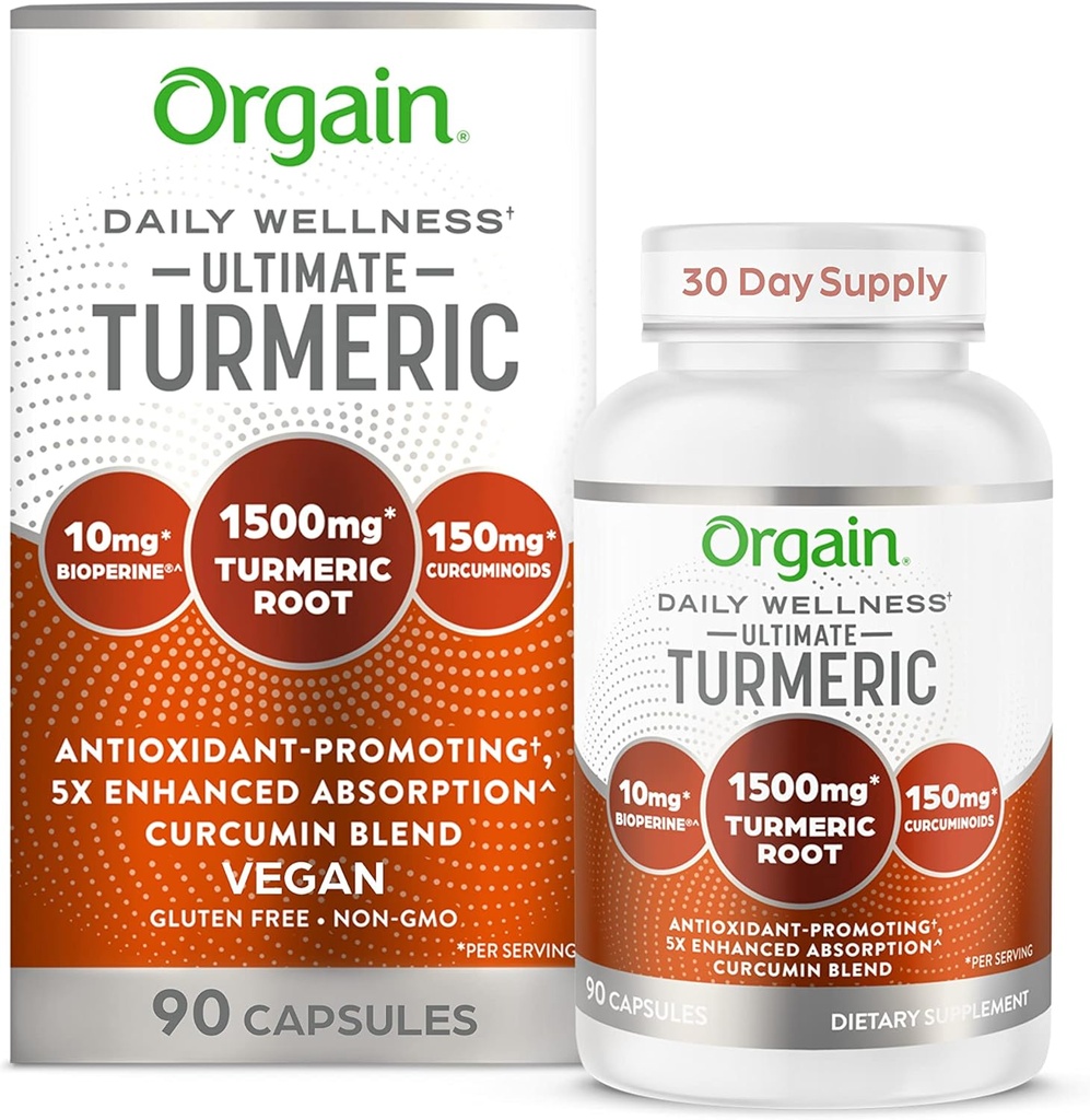 Orgain Ultimate Turmeric Supplement 1500mg, Curcumin ja Bioperine Black Pepper Extract kasviperäisten Blend, tukee antioksidantti ja Heart Health - 90 kapselia, 1 kuukausi tarjonta