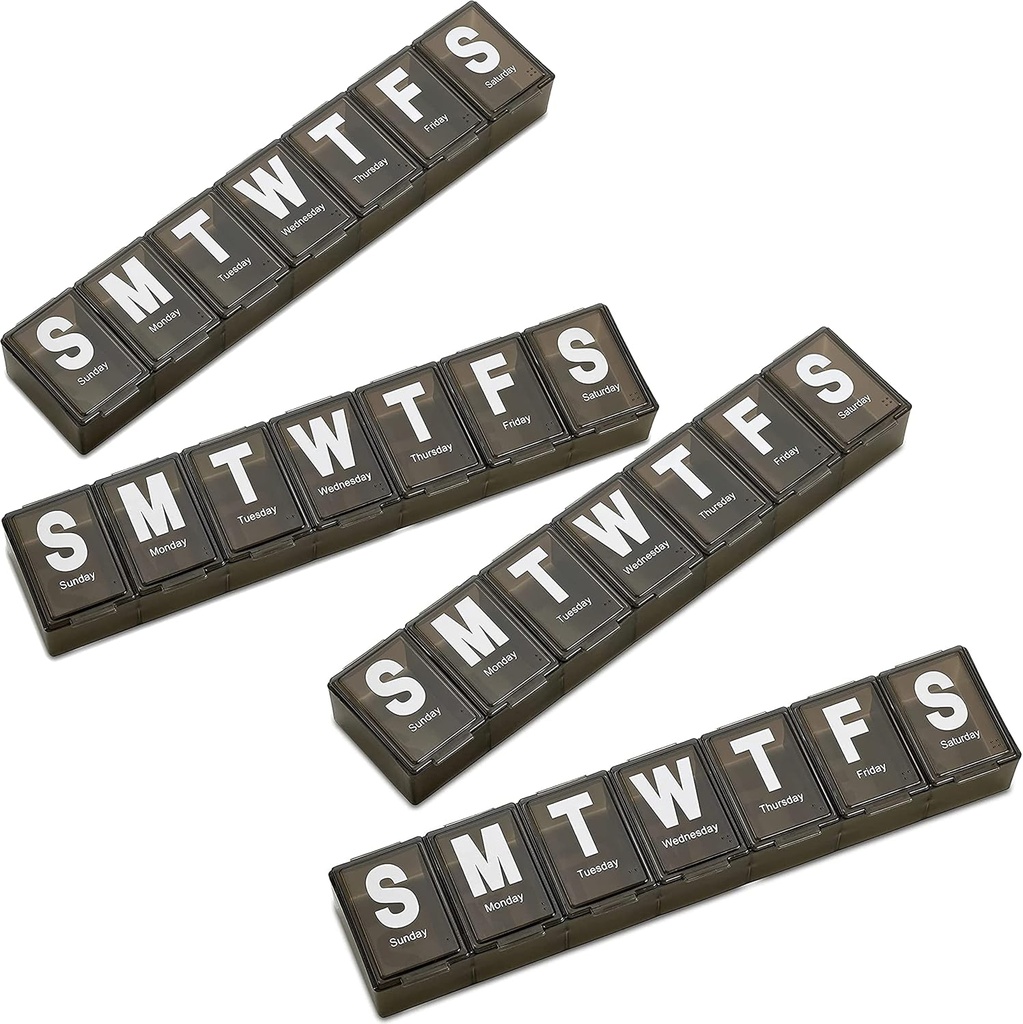 Viikottainen pilleri Organizer - (Pack of 4) Erittäin suuri vitamiineja säiliö Jumbo Helppo lukea kirjeitä, BPA Ilmainen - Päivittäinen matka 7 päivän lääkehoito pillerilaatikko tapauksessa (musta)