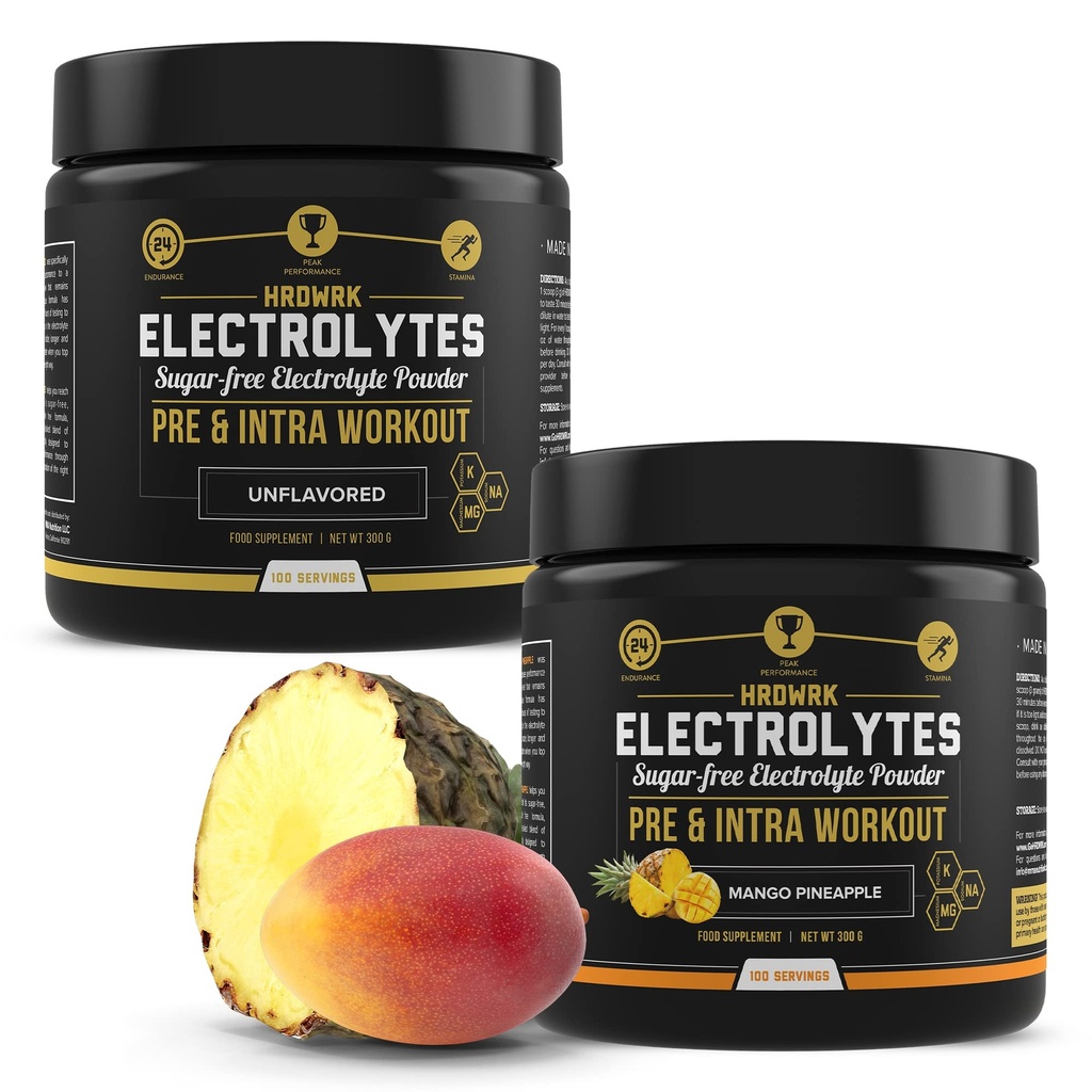 HRDWRK - 100 tarjoilua Keto Electrolytes Powder Hydration Sugar Free - Elektrolyyttijauhe parantaa kestävyyttä & vähentää väsymystä Electrolyyttejä täydentää - makuamaton & Mango Ananas Set