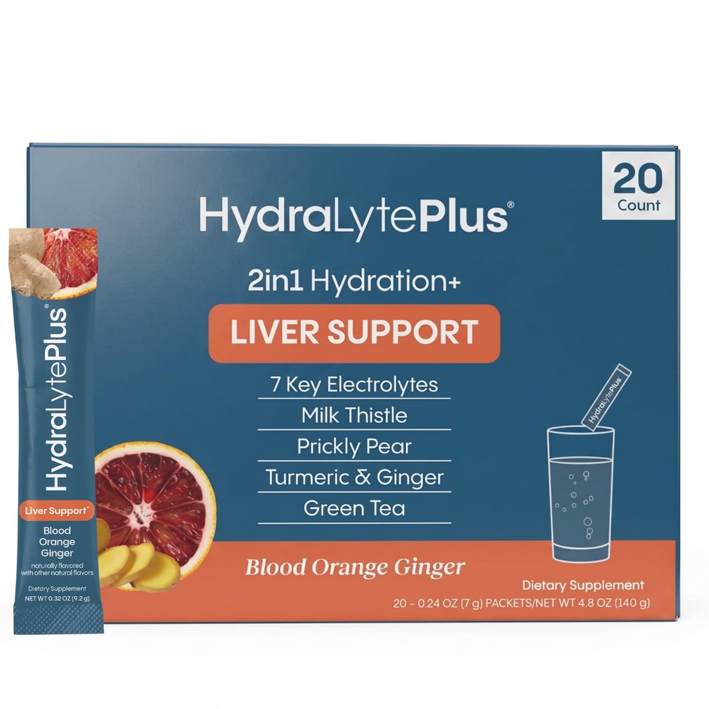 Hydralyte Liver Support + Electrolyte Mix maito Thistle, Turmeeric, Inkivääri, Ruusupäärynä, Vihreä teeuute Formuloitu nopea nesteytys (Blood Orange Inkivääri, 20 Packets)