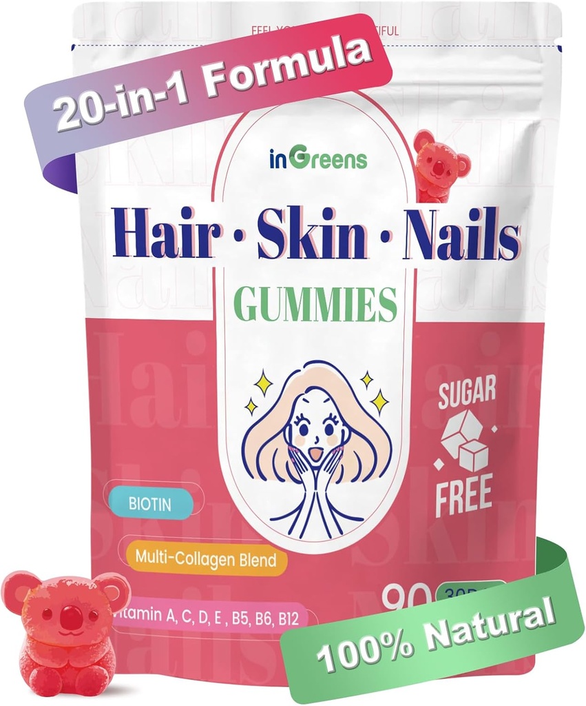 20-i-1 hår hud och naglar gummies, hår biotin vitaminer för kvinnor och män med 10000 mcg Biotin, vitaminer A, C, D, E för hårväxt och hälsosam hud, vit persika smak, 90 gummies