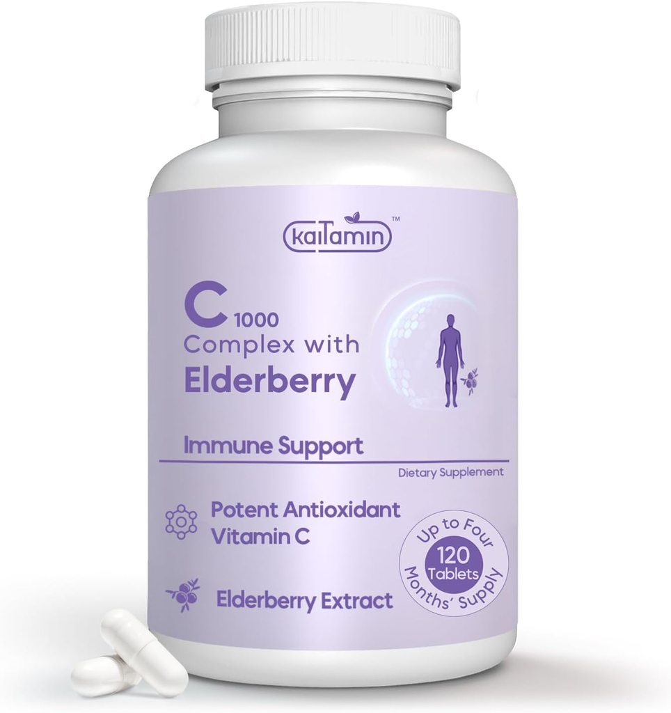 C-vitamiini 1000 mg kanssa Rose HIPS + Sambucus Elderberry - C1000 Complex ruokavalio täydentää immuunitukea ja antioksidantti tukea - 120 tablettia jopa 120 päivää (120 luku (pakkaus 1))