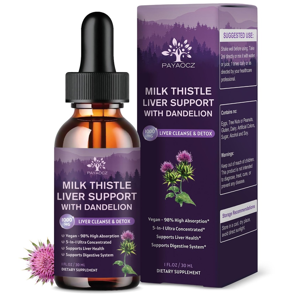 (4 pakkaus) Maito Thistle Liquid Drops Silymarin 1000 mg, maksa Supplement Detox & Cleanse with Dandelion & Artisoke, Milk Thistle Organic Extract for Support Repair Liver Health, Vegan, non-GMO, 1 Fl Oz