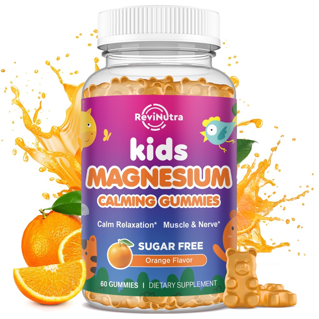 Rauhallinen Magnesium Gummies lapsille - Magnesium Glycinate täydennysosa uni, aivot, immuuni ja luun terveys - Suuri maistaminen Magnesium Gummies lapsille ja aikuisille - Vegaani sokeriton Orange 60ct