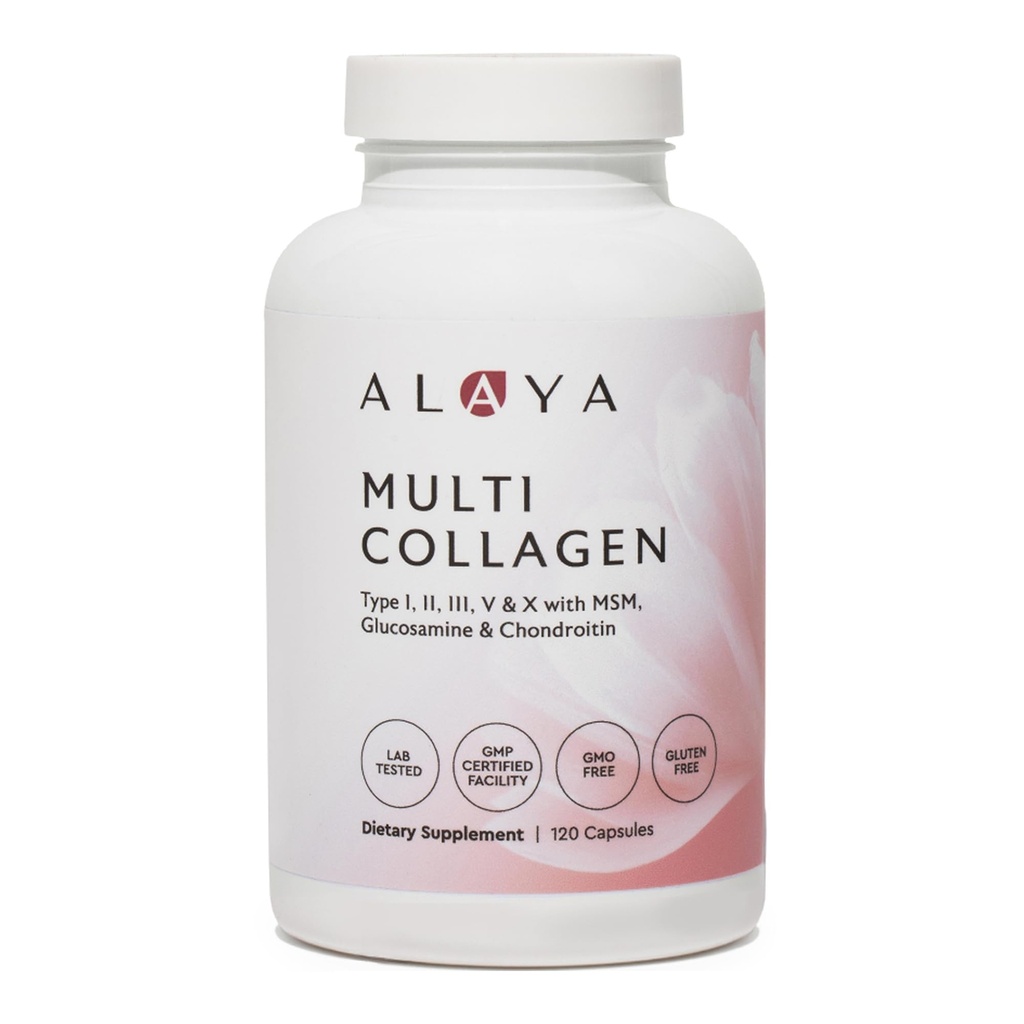 Alaya Naturals Hydrolysed Multi Collagen Peptides Protein Capsules - tyyppi I, II, III, V, X Grass-Fed Nauta, Kana, Marine Collagen Supplement MSM + GC (Kapsulit - 120 Count)
