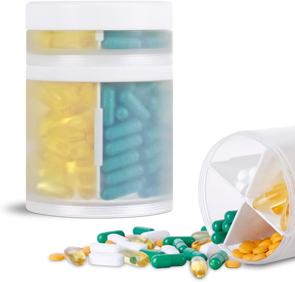 Extra stort tillskott organisatör och bärbar piller fall med 8 kompartment dubbla lager medicin dispenser månatliga vitaminer organisatörer piller flaska, Transparent