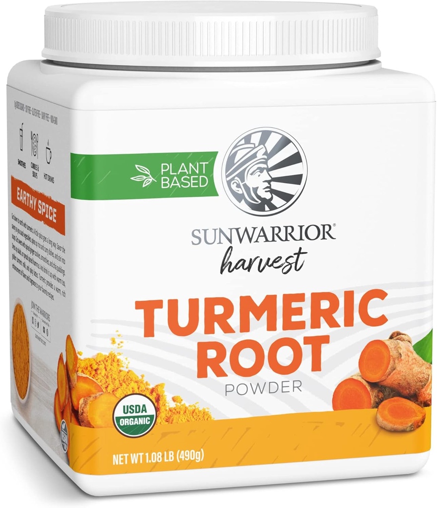 Sunwarrior Organic Turmeric Root Powder | Pure Raw Superfood Powder för Baking Smoothies och Curry | USDA Non-GMO 490g Tub (70 SRV) Organic Harvest