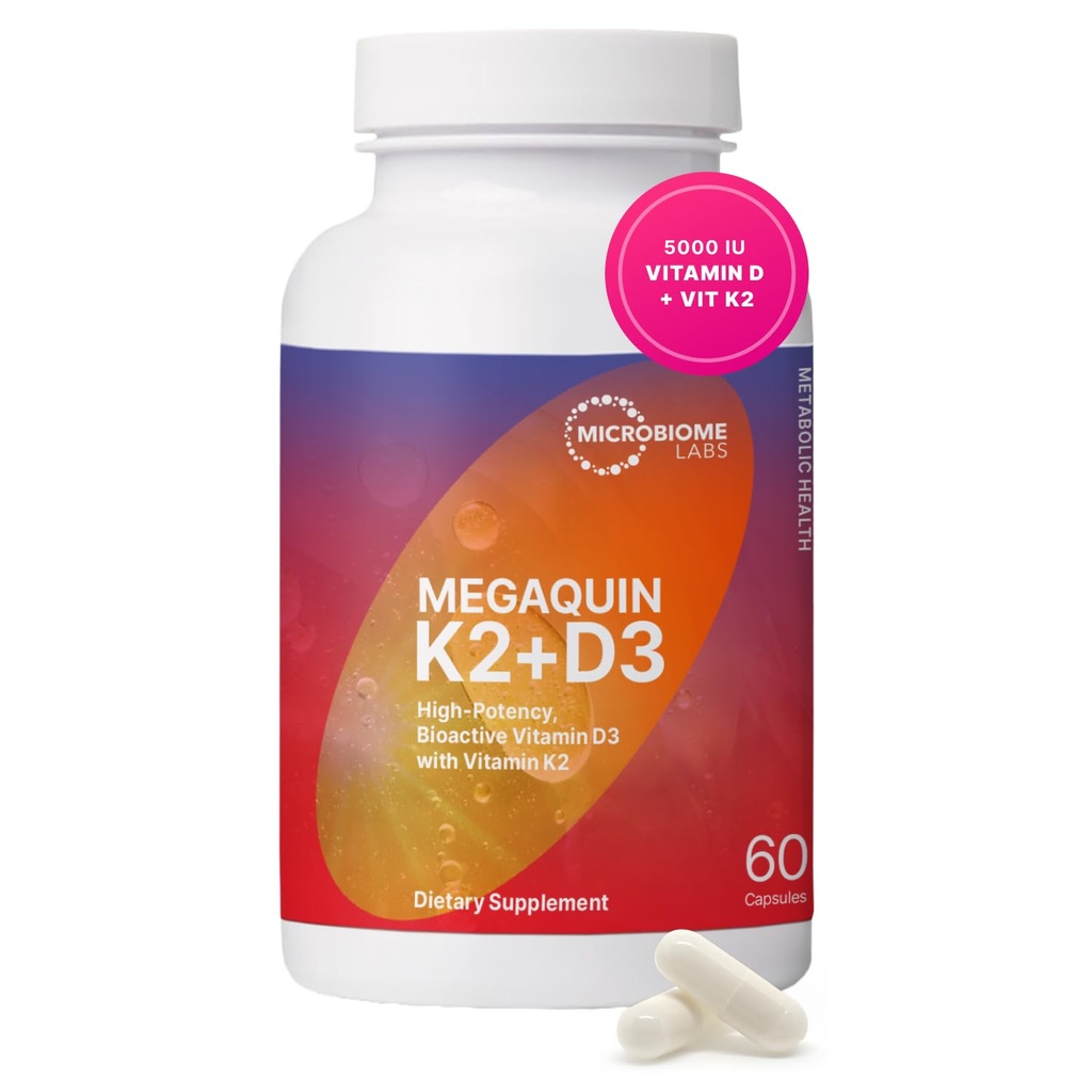 Microbiome Labs MegaQuin D3 + K2 - Korkea teho D3-vitamiini K2 täydentää - Bioaktiivinen & Biosabled - D3-vitamiini 5000 iu & MK-7 - Tuki luun, sydämen, hermojen ja immuuniterveyden (60 kapselia)