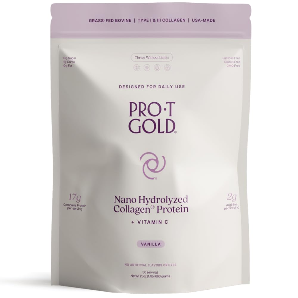 ProT Gold Collagen Protein Powder, 17g Protein Nano-Hydrolysed Grass Fed Collagen, C-vitamiinia, 2g Arginiinia haavojen tukemiseen, Gluteeniton, Kaikki luonnolliset, rasvaton ja sokeriton, 0g Karbsia, Vanilla, 23 oz, 30