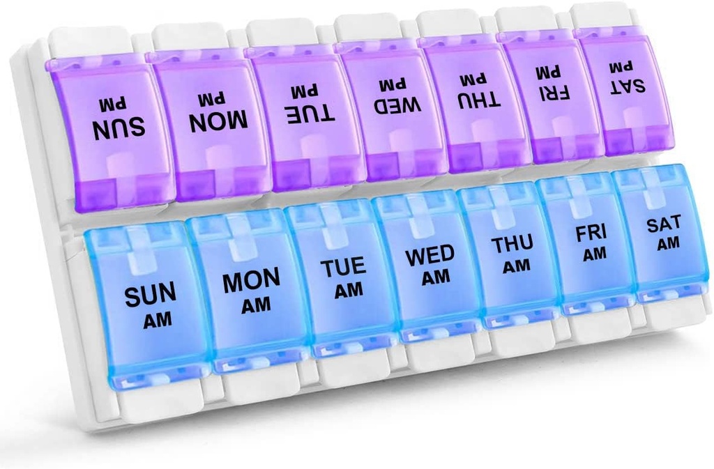 Sukuos AM PM Weekly 7 Day Pill Organizer, 2 Times A Day Pill Box med artrit Friendly Push Button, Medicine Cases för vitamin / fiskolja / tillägg, lätt att rengöra (Purple & Blue)