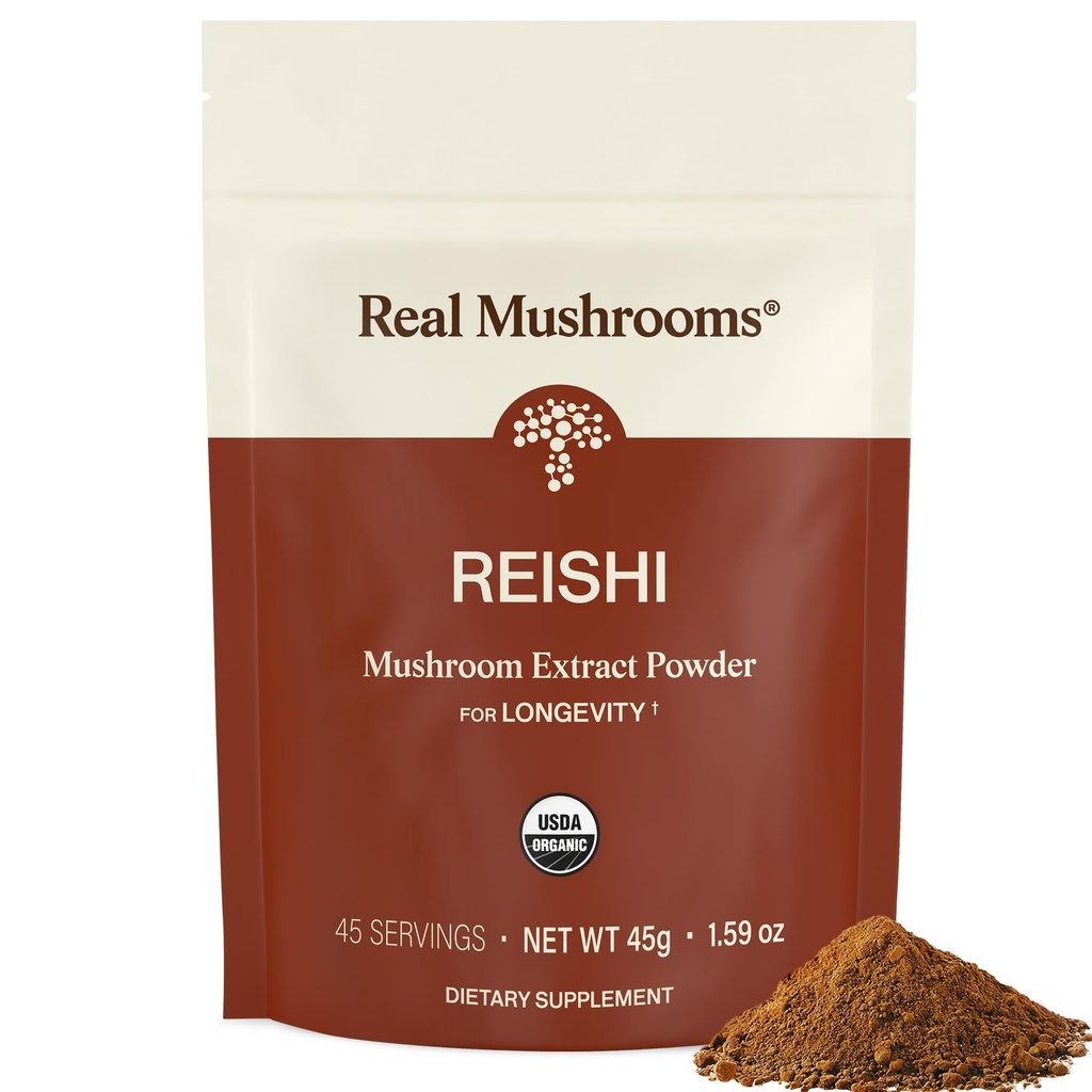 Real Mushrooms Reishi Mushroom Powder - Handpicked Organic Mushroom Extracts - Red Reishi för Tranquil Daily Wellness med Verified Beta Glucans Vegan, Non-GMO, No Grain Fillers, 45 Servings