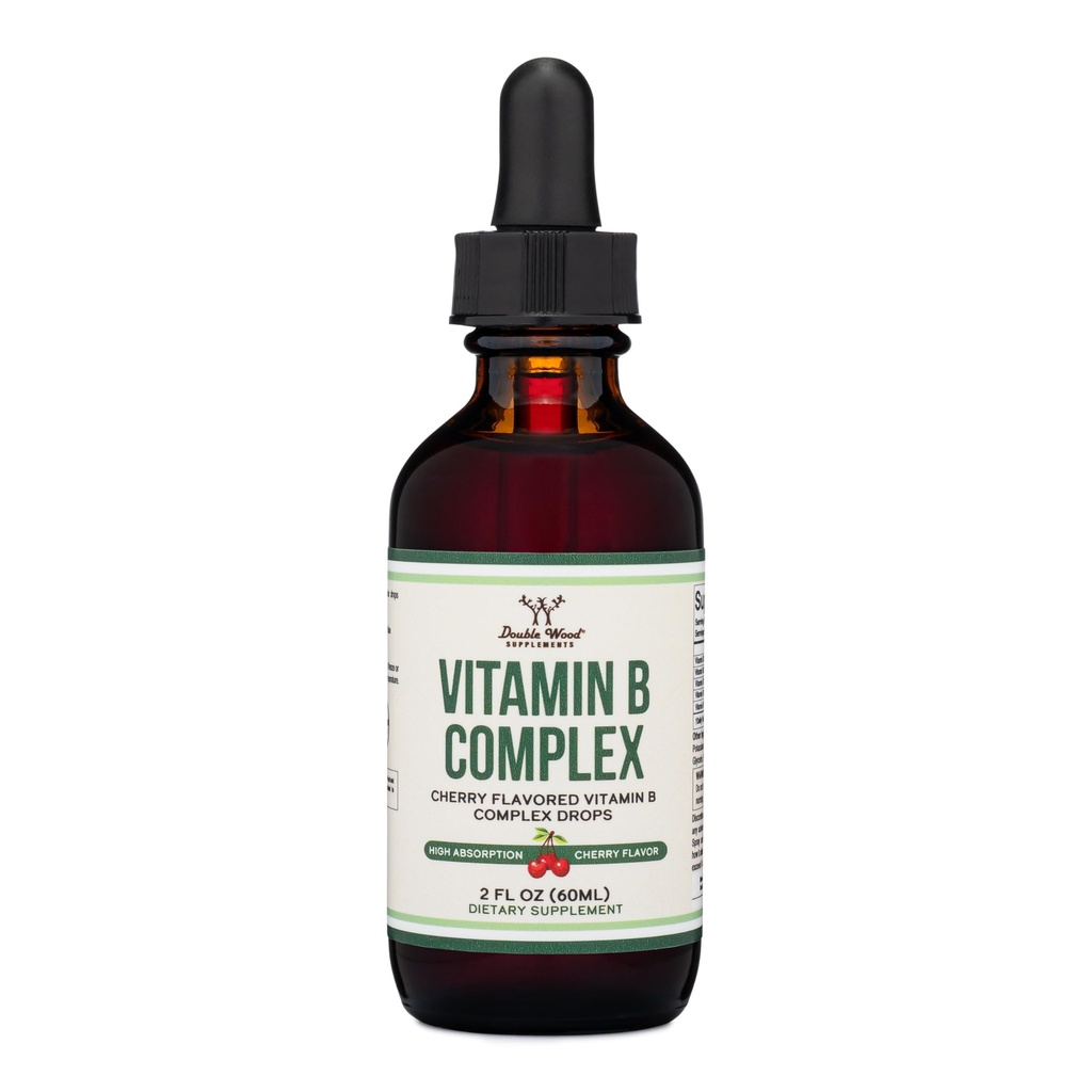 Double Wood Supplements Liquid B-vitamiini Complex - 2 kuukauden tarjonta - Max Imeytyminen - B3, B6, B7 (Biotin), B9, ja B12-vitamiini - Cherry Flavor - 2 FL OZ