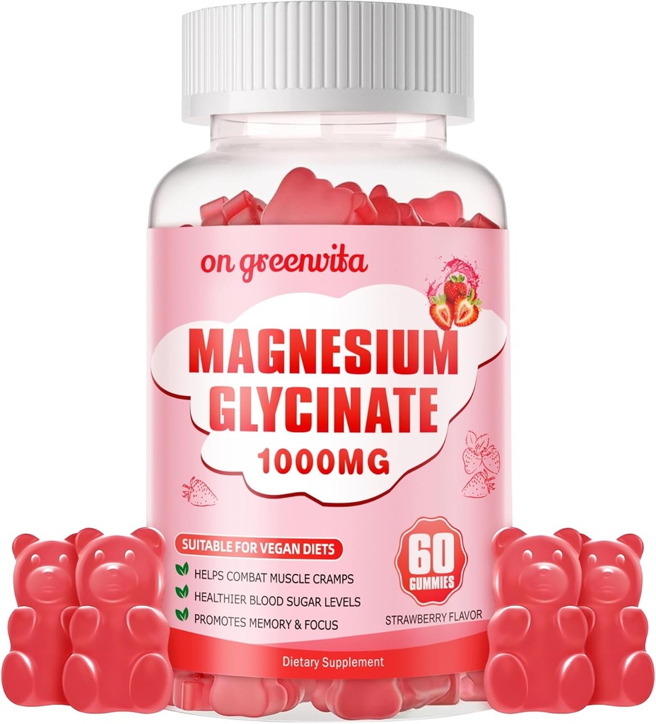 Magnesium Glycinate Gummies 1000mg - Sugar Free Magnesium Potassium Supplement med vitamin D, B6, Q10 för lugn humör och sömnstöd - 60 jordgummies