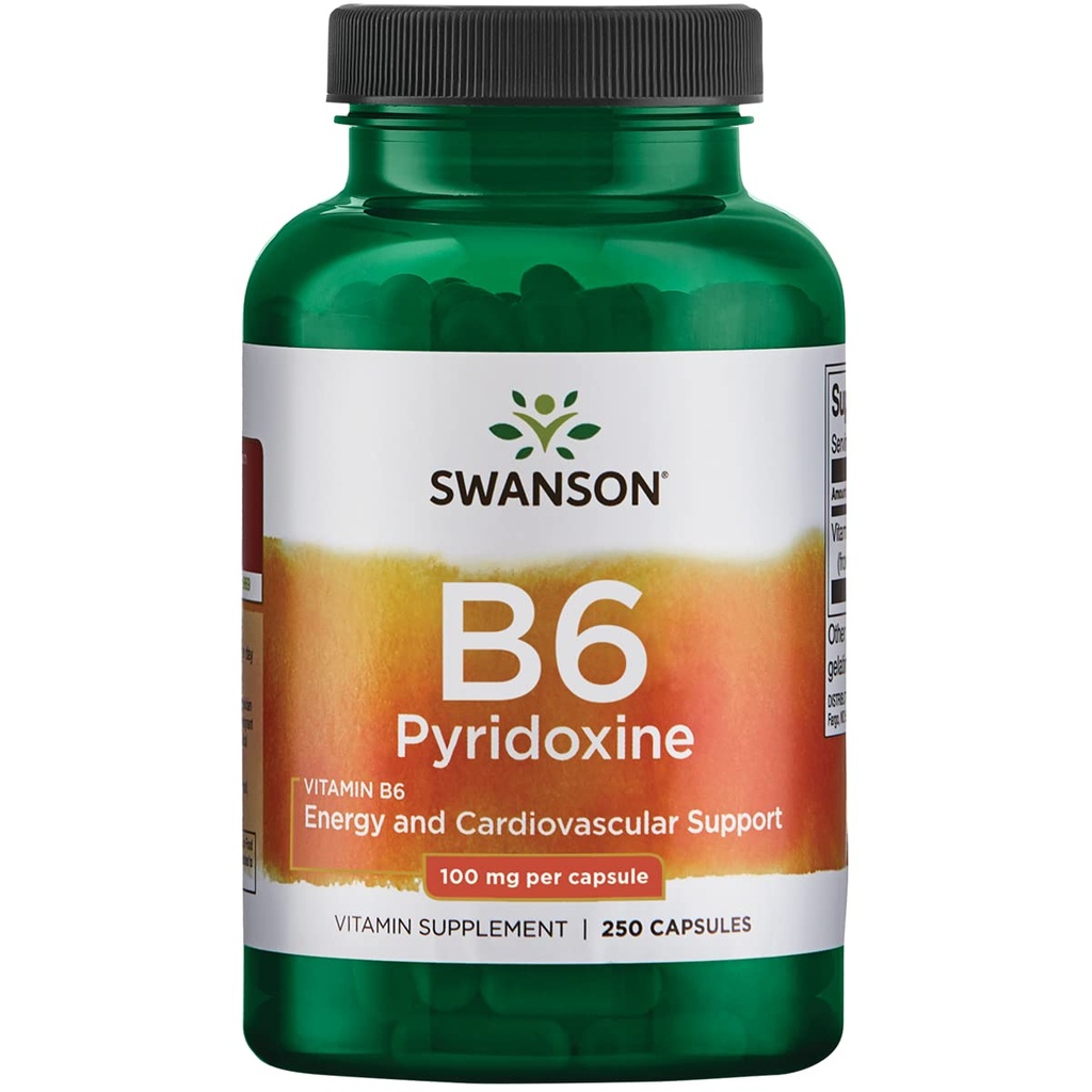 Swanson B6 Pyridoksiini - vitamiini täydentää edistää sydän- ja verisuonitautien terveys ja energia aineenvaihdunta - Natural Formula edistää yleistä hyvinvointia - (250 kapselia, 100 mg Each)