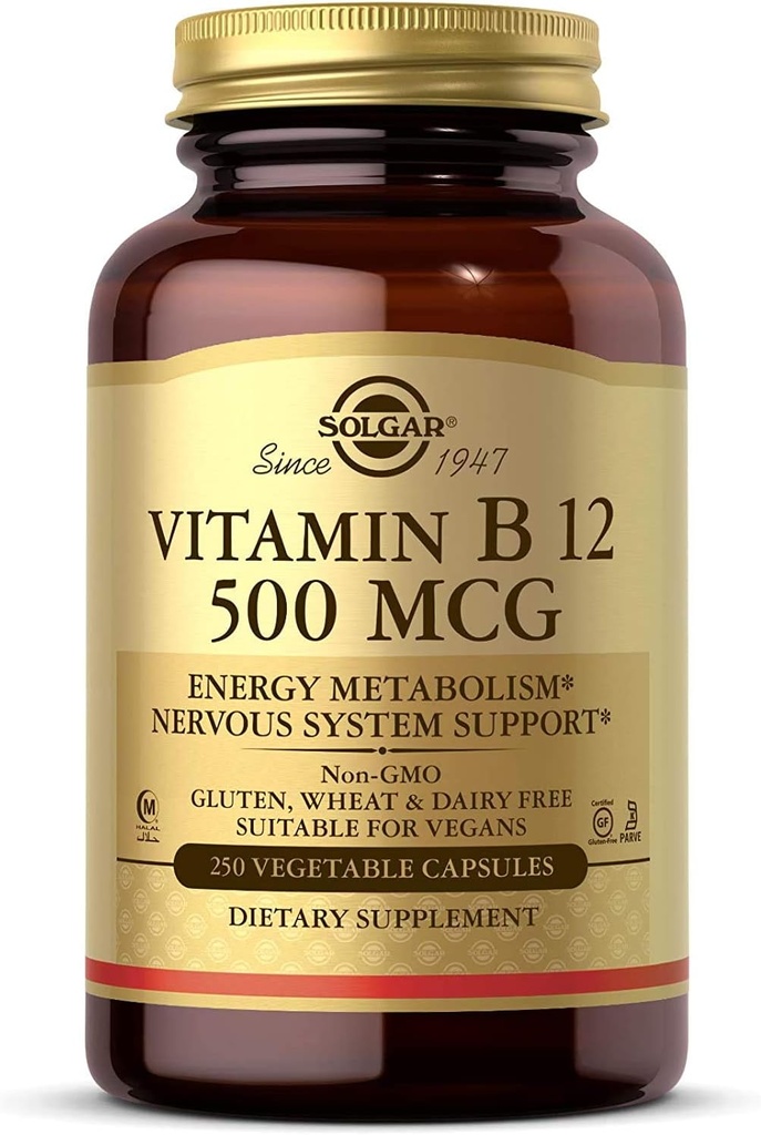 Solgar-vitamiini B12 500 mikrog, 250 kasvikapselia - Energiaaineenvaihdunta - Hermoston tuki - edistää sydämen terveyttä - ei-GMO, Vegaani, gluteeniton, maitotuotteeton, Kosher, Halal - 250 tarjoilua