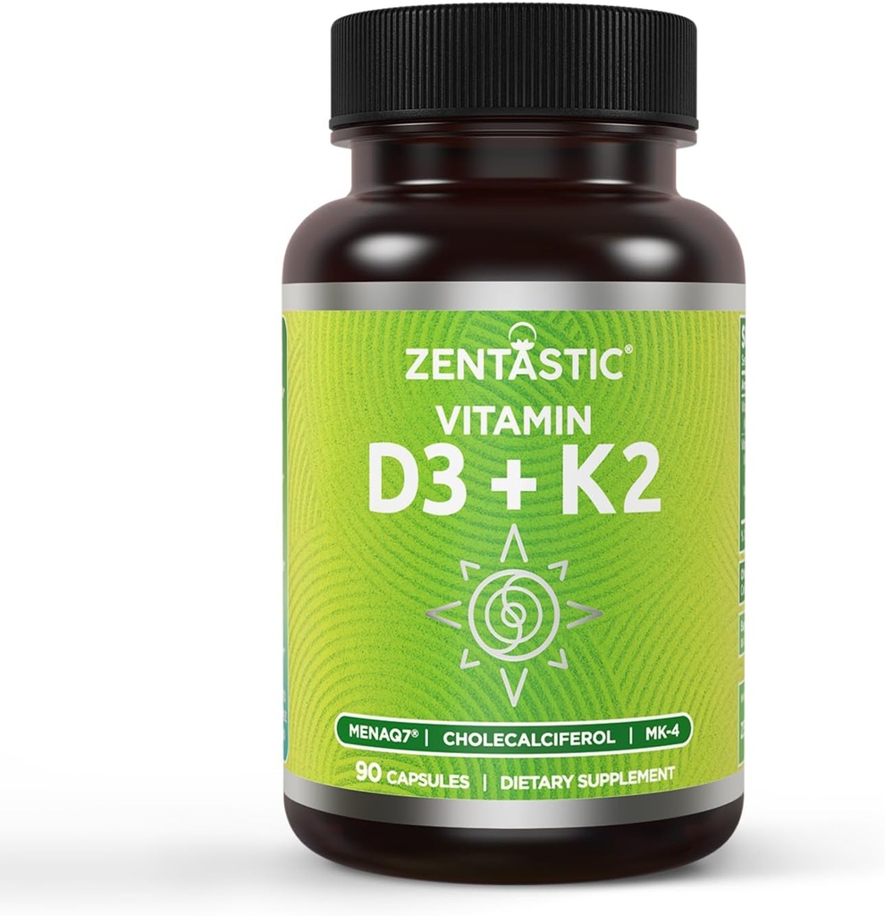 Zentastinen D3 K2, 5000IU & 200 mikrog, D-vitamiini & patentoitu MK7 & MK4 3-in-1 Complex Support - kasvissyöjä, ei-GMO, 90 kapselia