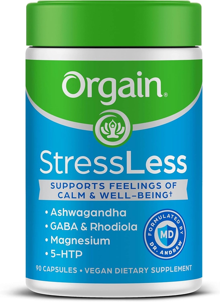 Orgain StressLess, Vegan Stressi Relief Supplement - Blend of Magnesium, Lemon Balm, GABA, 5 HTP, Rhodiola Rosea, Ashwagandha ja Chamomile, Gluteeniton, Tohtori Formulated - 90 Count, 30 päivän toimitus