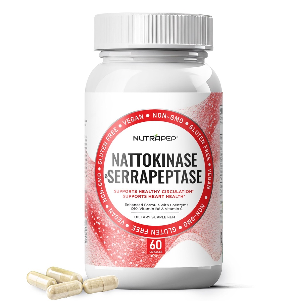 Nattokinase 2000 FU Serrapeptase 240000 SPU Supplement - Förbättrad med Coenzyme CoQ10 Vitamin B6 Vitamin C Black Pepper Extract - Nattokinase 400mg kapsel för män kvinnor