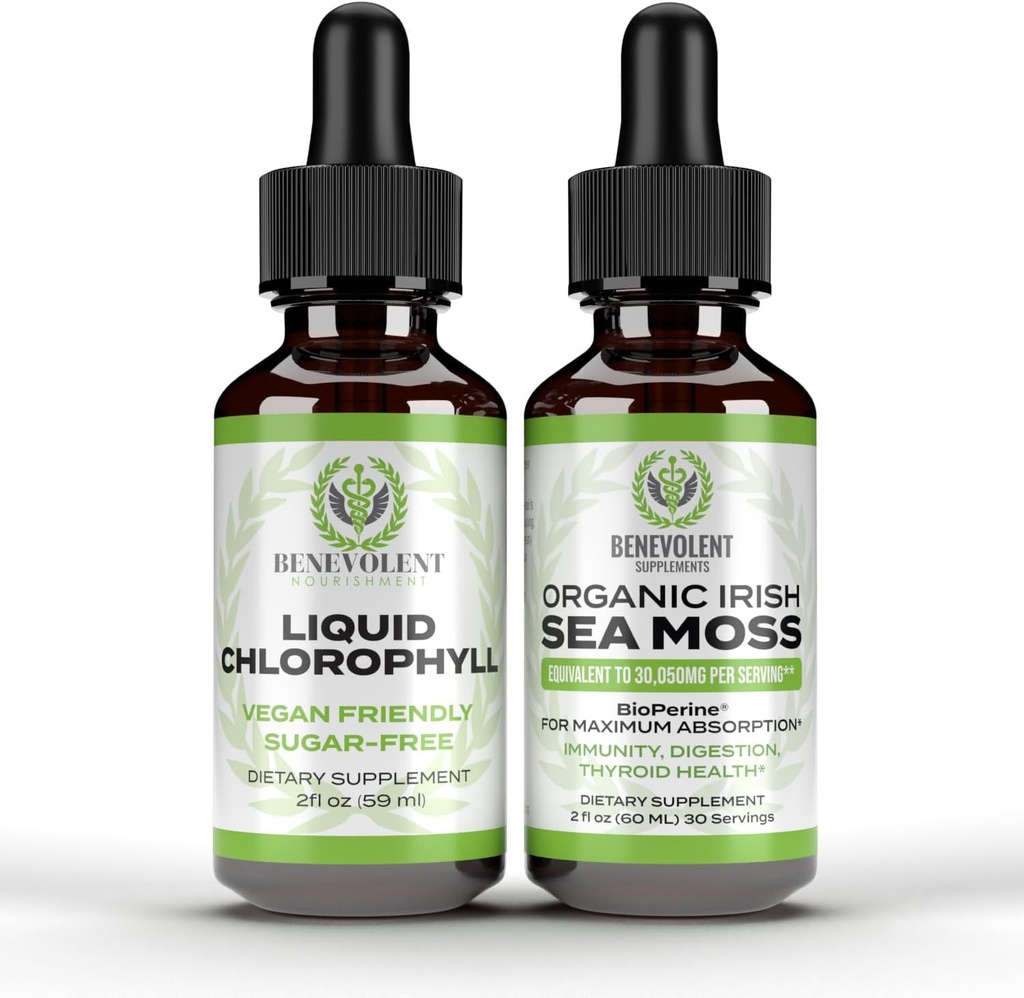 Benevolent Chlorophyll Liquid Drops + Irish Sea Moss Drops 2oz, 4 Month Supply Liquid Chlorophyll Supplement för Internal Deodorizer & Radiant Skin
