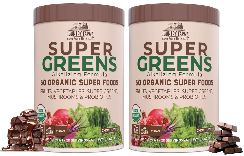 MAATILAT Super Greens Chocolate Flavor, 50 Organic Super Foods, USDA Organic Drink Mix, Fruits, Vihannekset, Super Greens, Sienet & Probiootit, Tukee energiaa, 40 Tarjoiluja, 10.6 Oz, 2 Pack