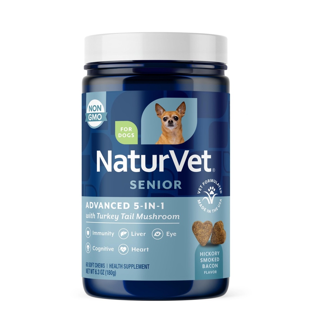 NaturVet Senior Advanced 5-in-1 Tuki Dog Supplement ... auttaa tukemaan immuunijärjestelmää, sydän, maksa, kognitiivinen toiminto, silmien terveys ... Sisältää Ginkgo Biloba, Lutein 60 Ct.